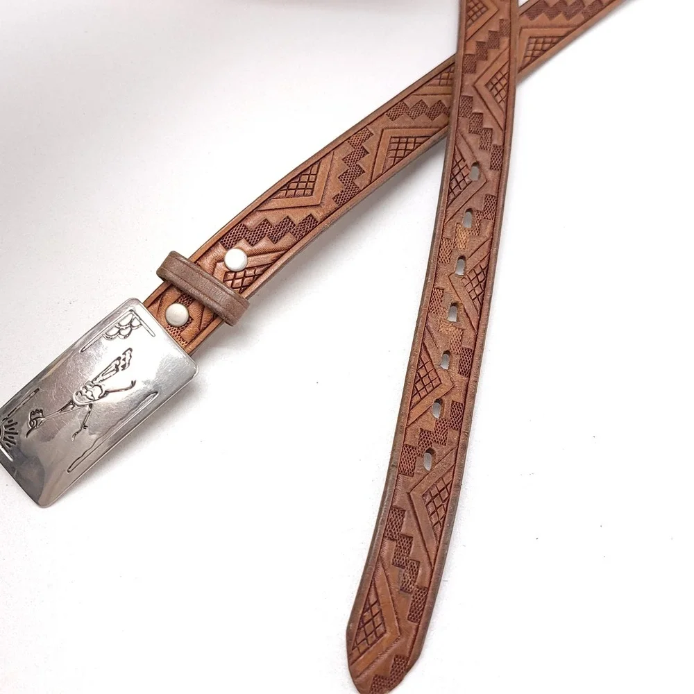 Vintage Covered Wagon Tooled Leather Belt 38 Brown Roadrunner Buckle 1in Wide